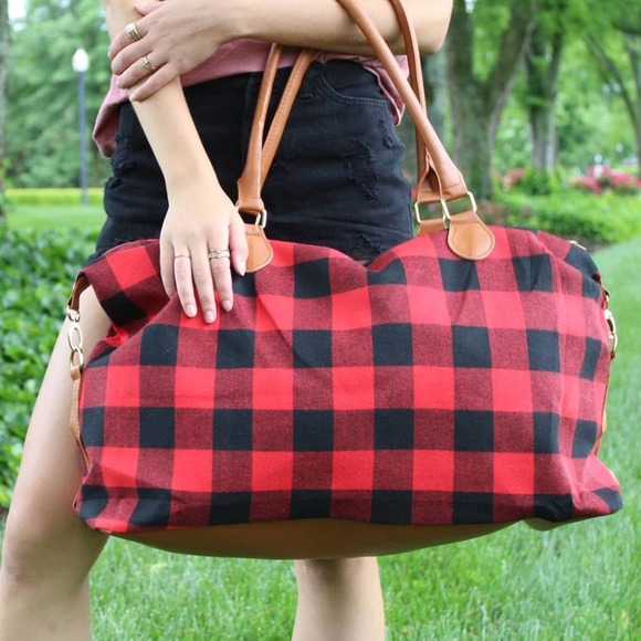 Glittering South Handbags - Red & Black Buffalo Check with Brown Accents Weekender Bag